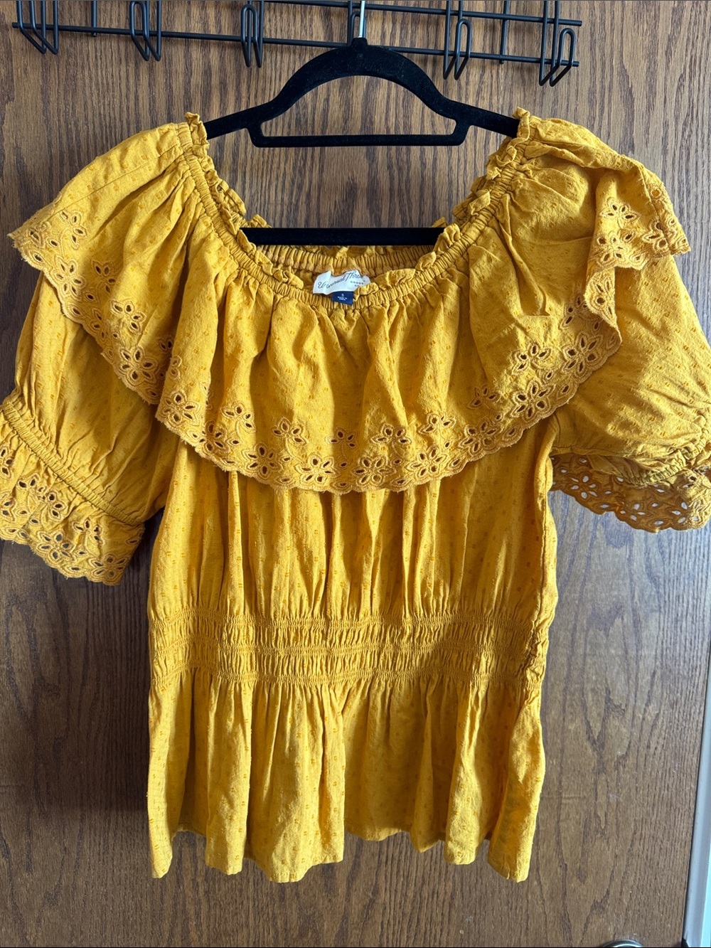 Universal Thread Mustard Yellow Eyelet Ruffle Off-Shoulder Blouse
